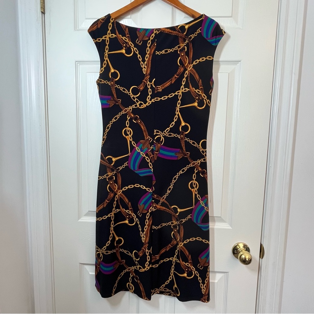 Lauren Ralph Lauren Black Sheath Dress with Gold and Blue Chain Print Size 12 - Picture 2 of 9